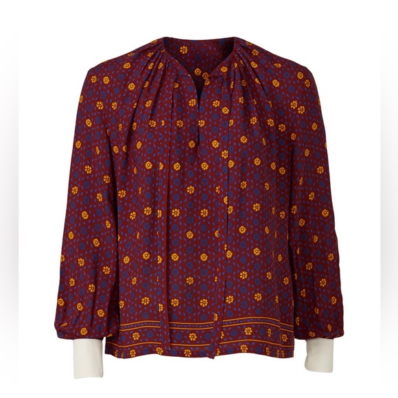 $700 Wales Bonner Madras Gathered Blouse RTR red v-neck long sleeve work blue - Picture 4 of 9